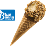 Ice cream cone with nuts and caramel topping from Blue Bunny.