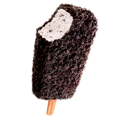 Chocolate-covered ice cream bar with a bite taken.