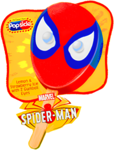 Popsicle featuring Spider-Man with lemon and strawberry flavors.